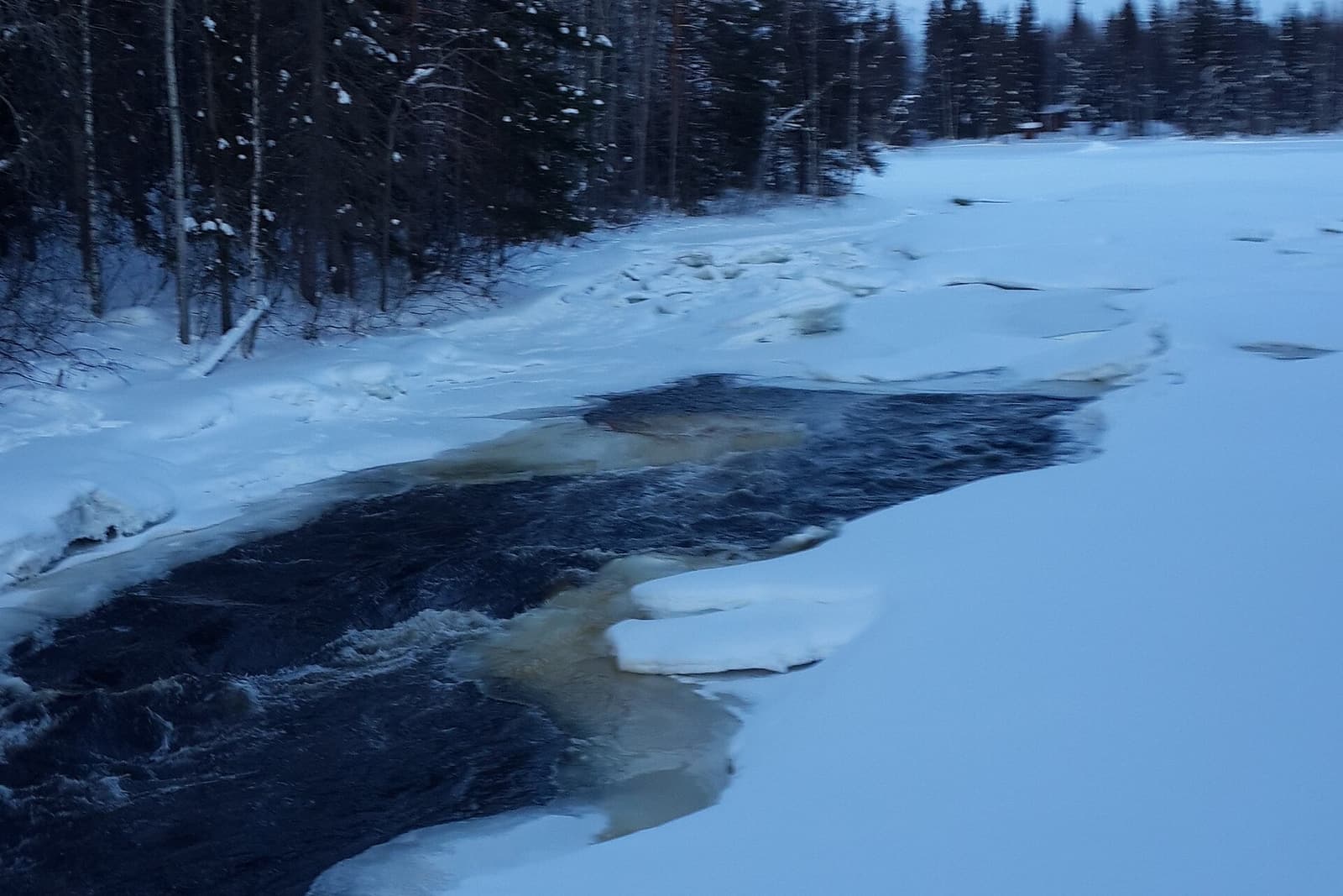 The Raudanjoki river flowing between snow-covered banks and forest at Vikaköngäs