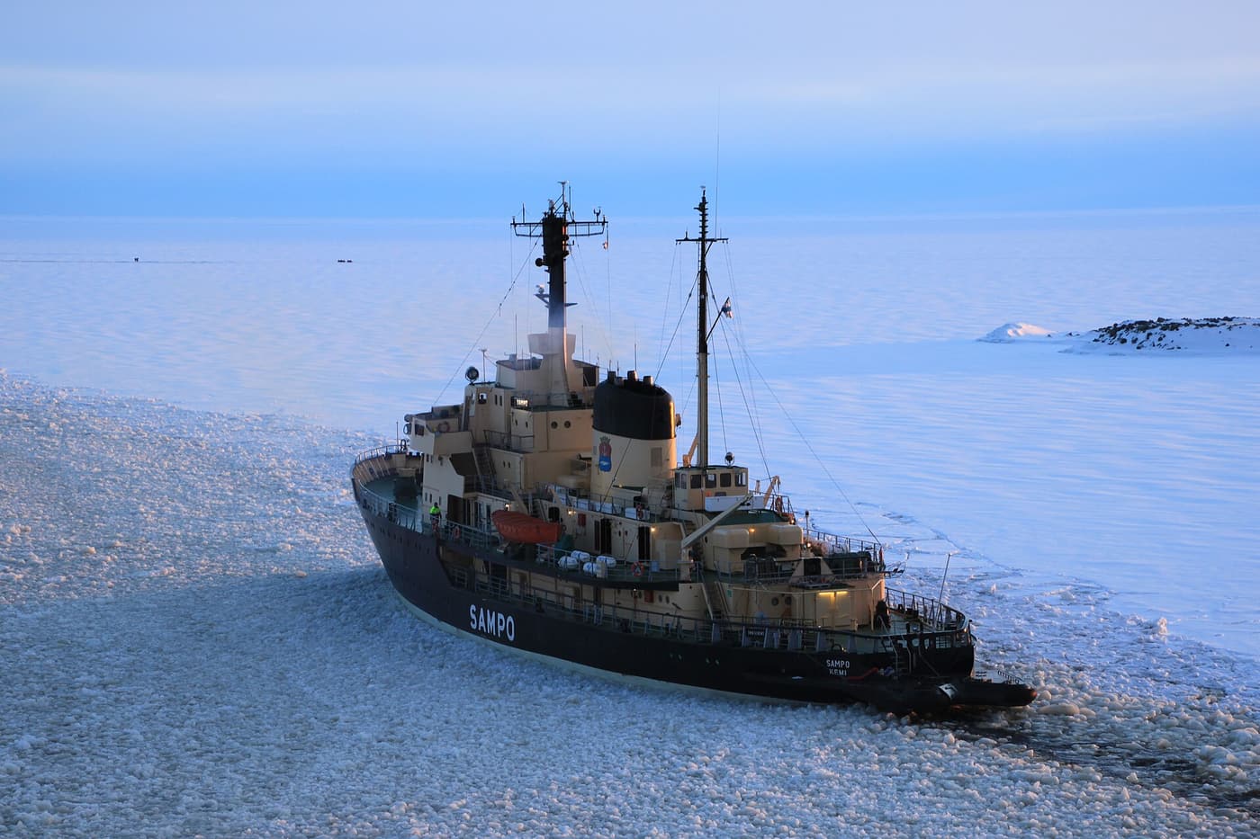 An icebreaker lying in the pack ice of the Gulf of Bothnia near Kemi