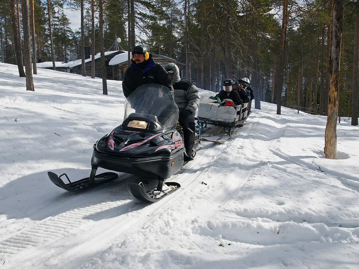 A snowmobile towing a sled through snowy pine forest in Finnish Lapland
